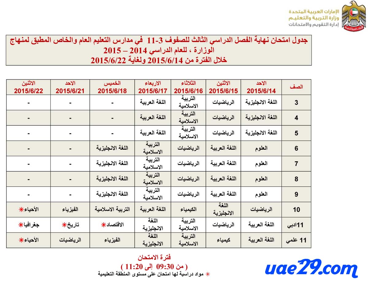 جداول امتحانات جميع صفوف النقل الترم الثالث 2015