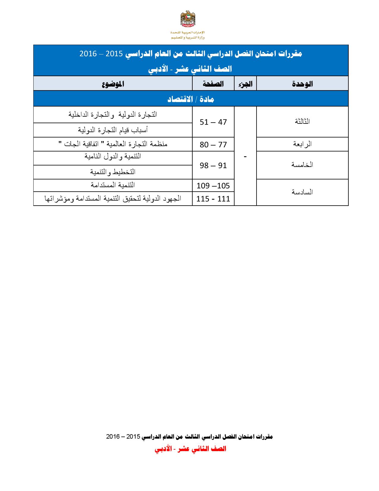 مقررات امتحانات الصف الثانى عشر ادبى للفصل الثالث 2016 (4)