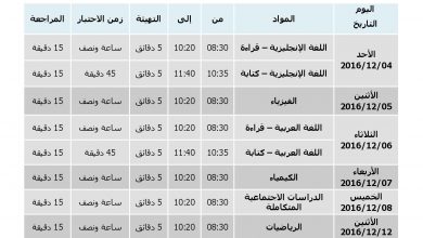 جدول اختبارات نهاية الفصل الدراسى الاول لمدارس التعليم العام لعام الدراسى 2016 - 2017 للصف الثانى عشر (اختبار مركزى)